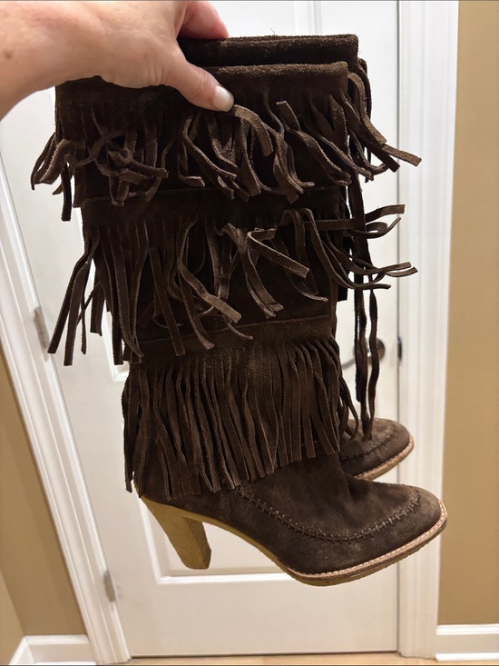 Shoes - Fringe Suede Mid-Calf Heeled Boots - Brown size 7 Rubber Soles